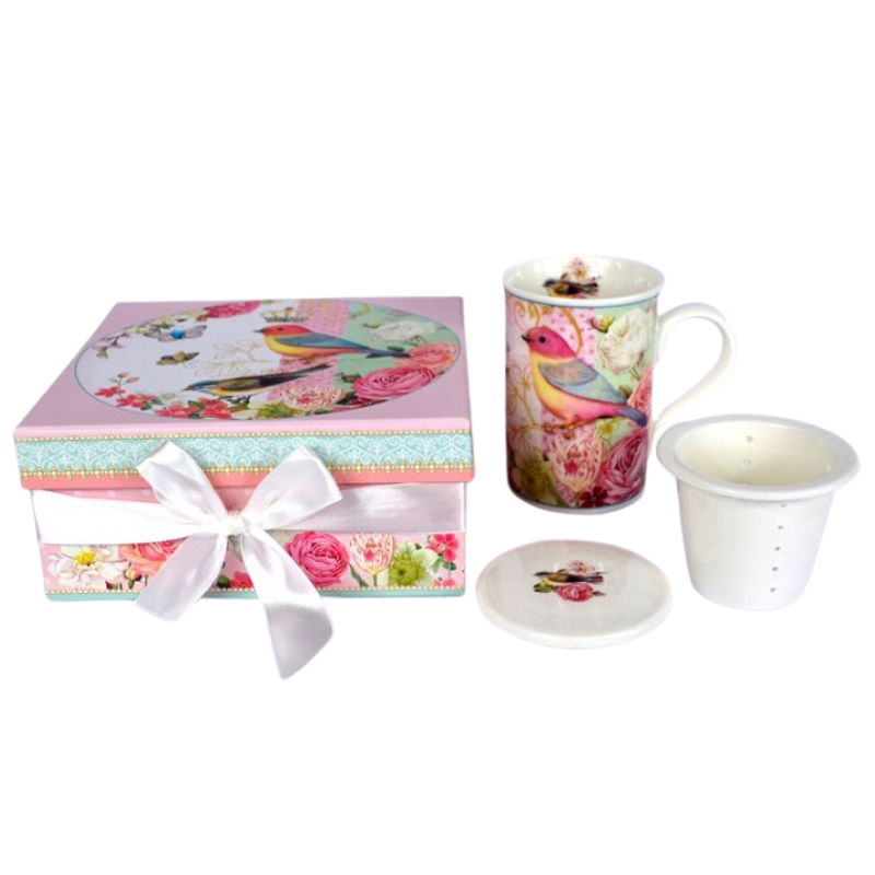Porcelánový hrnek se sítkem a víčkem Lovely Bird 320ml